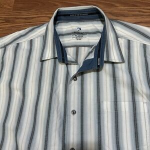 Kuhl Men XL Bohemian Blue Striped Short Sleeve Button Up Shirt 7566 Stretch Cool